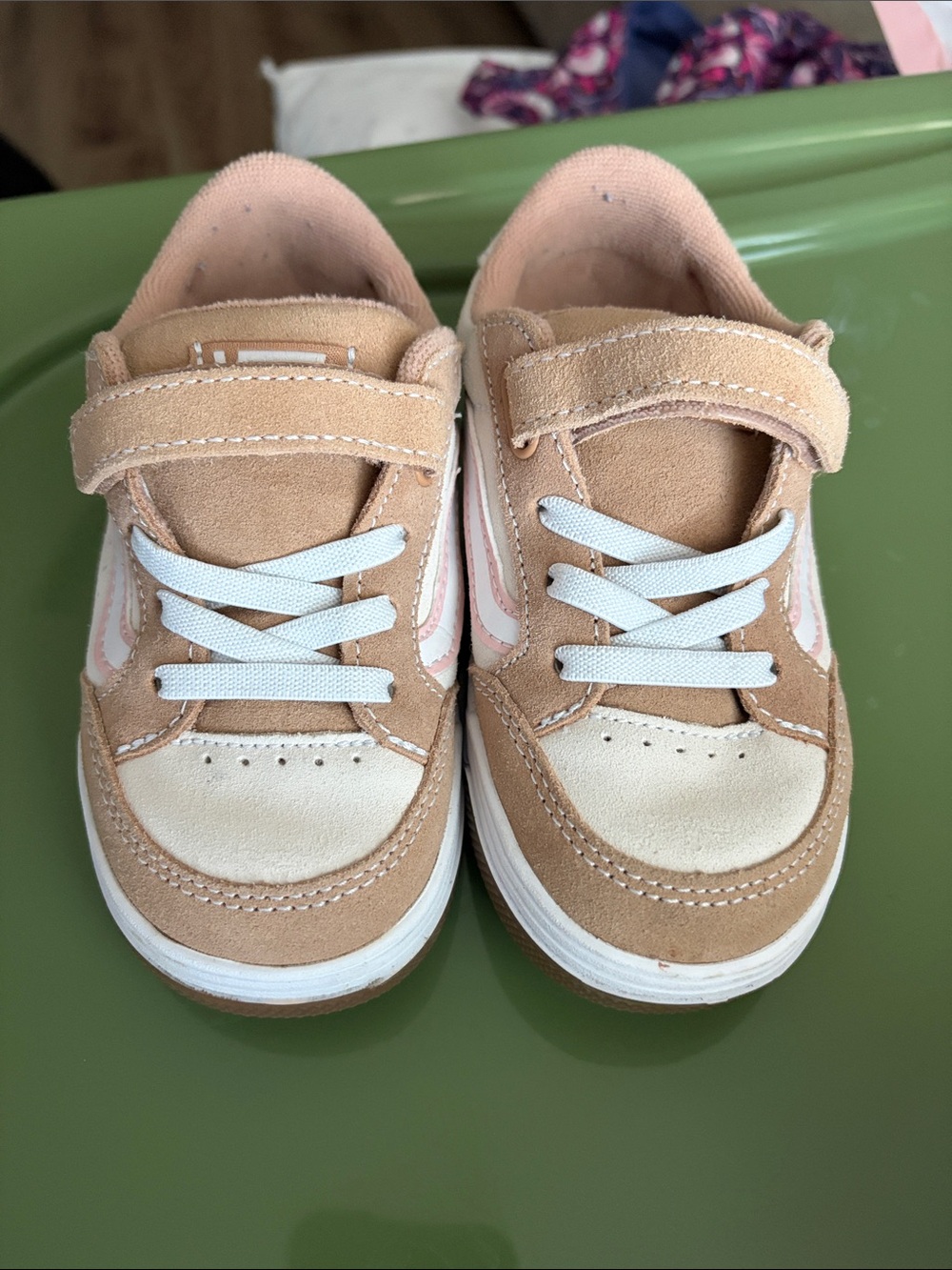 Kids Beige and Pink Suede Sneakers with White Laces